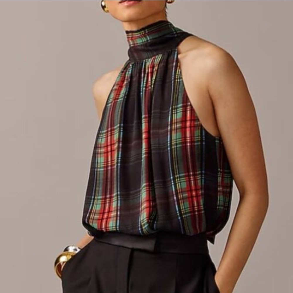 J Crew Collection Halter Top Tie Stewart Tartan Chiffon Black Red Plaid Large